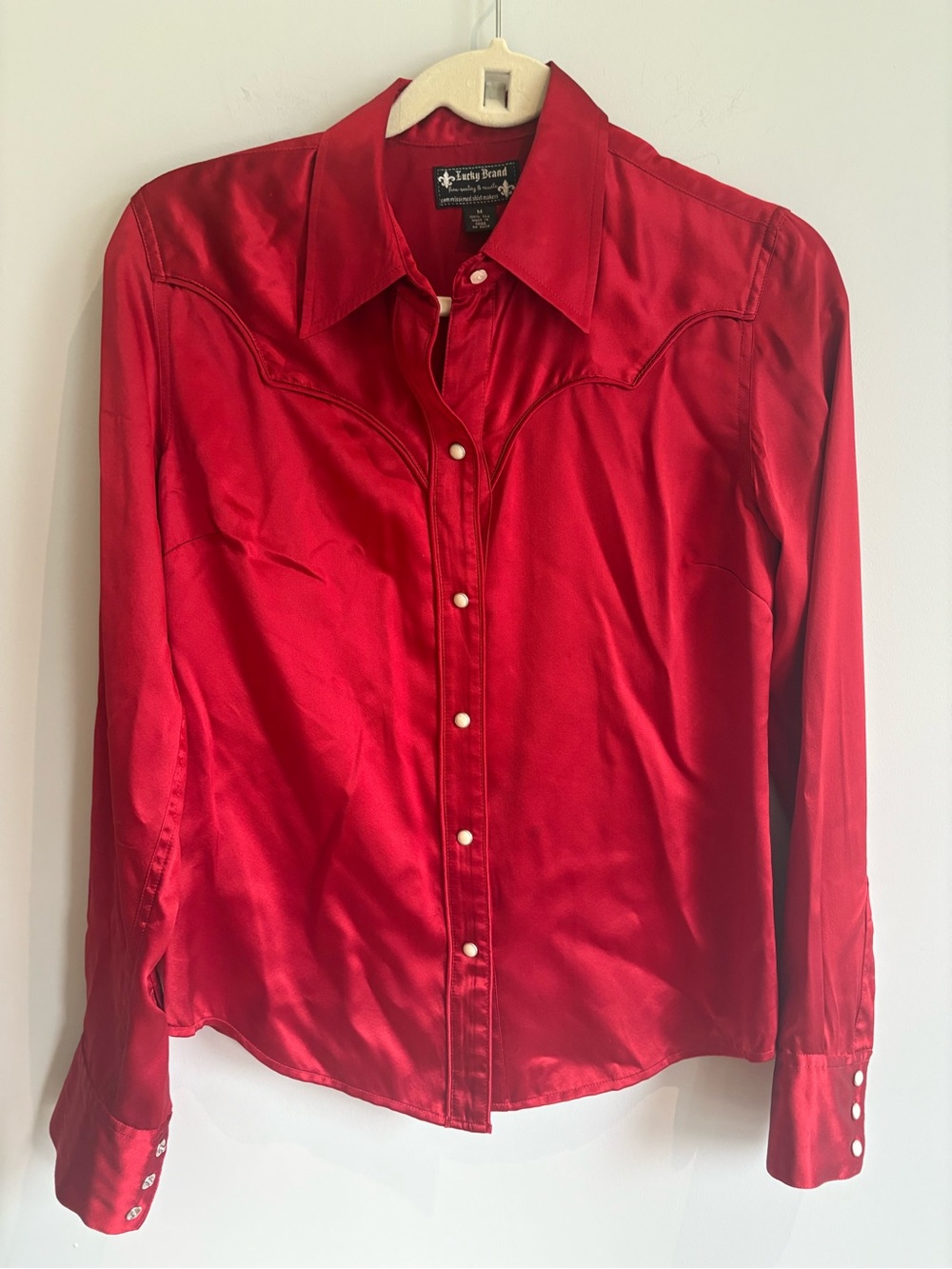 Lucky Brand Red Satin Western Pearl Snap Shirt